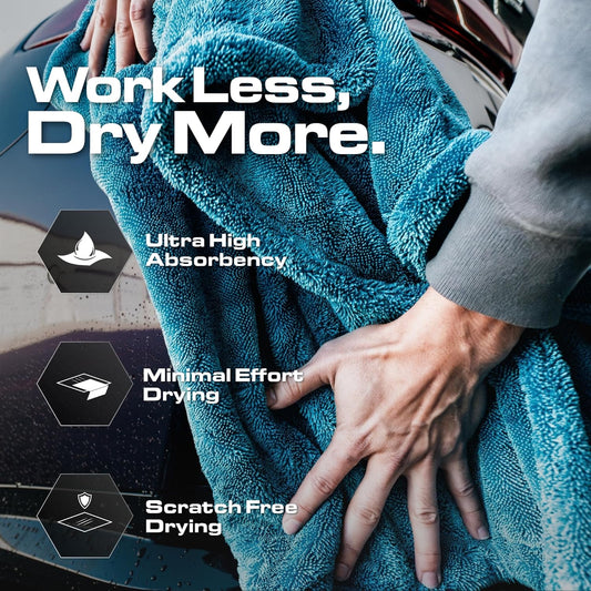 Blackline 24"x36" Twisted-Loop Car Drying Towel, 1300GSM, Streak Free, Lint Free, Reusable - Car Accessories, Microfiber Cleaning Cloth for Car, Truck, SUV - One Pass is All You Need