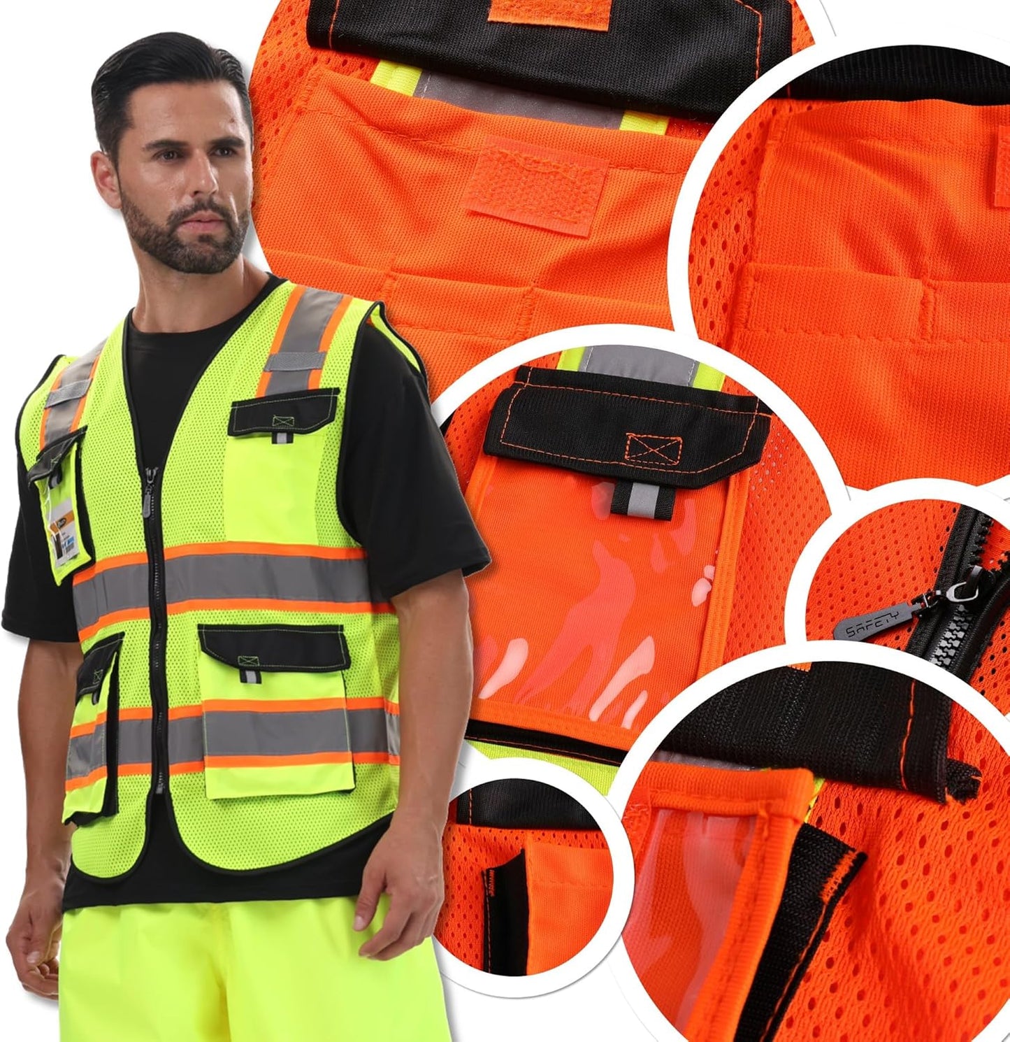 JKSafety Hi Vis Reflective Safety Vests for Men Women High Visibility Vest with Pockets Mesh Fabric Construction Safety Apparel Neon Vest for Work (220-Black L)