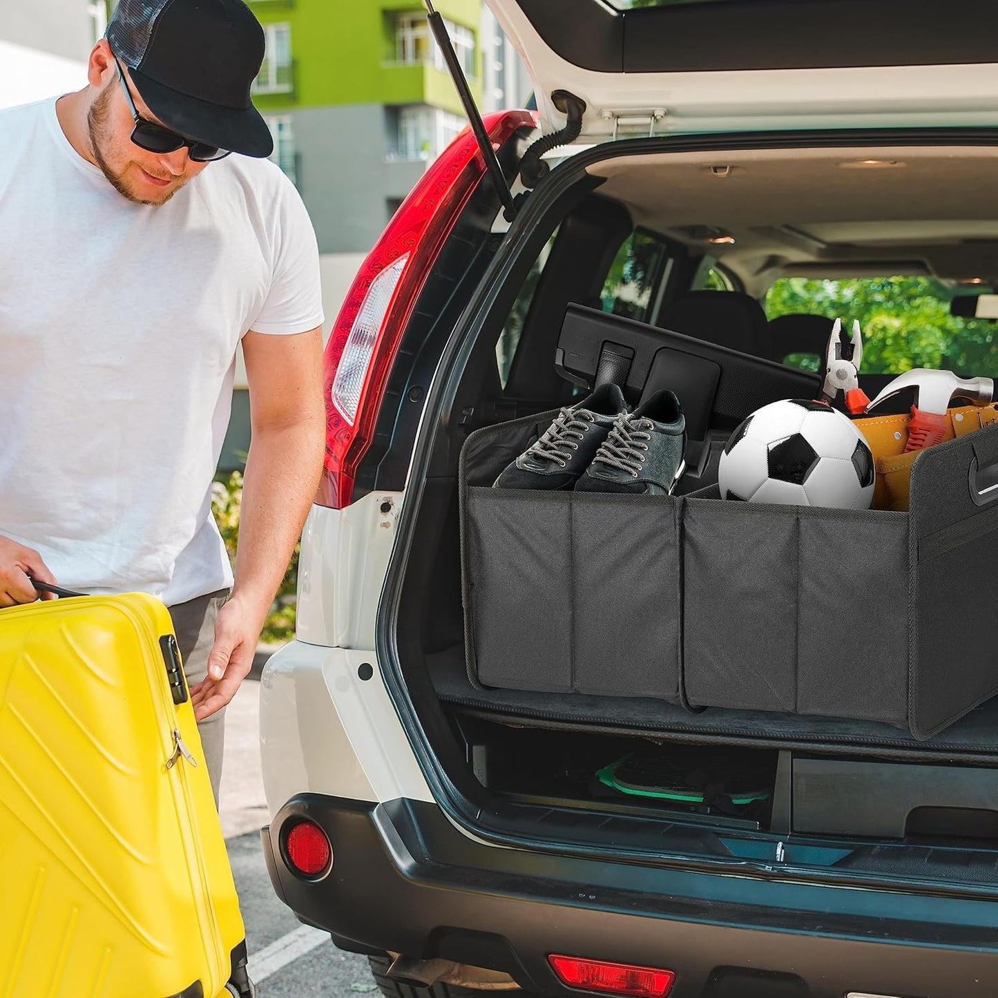 YSSOA Car Trunk Organizer, 2 Compartments Anti-slip 14" D x 22" W x 12" H Collapsible Trunk Storage, 600D Oxford Polyester Car Storage, Suitable for SUV, Minivan, Truck, Black