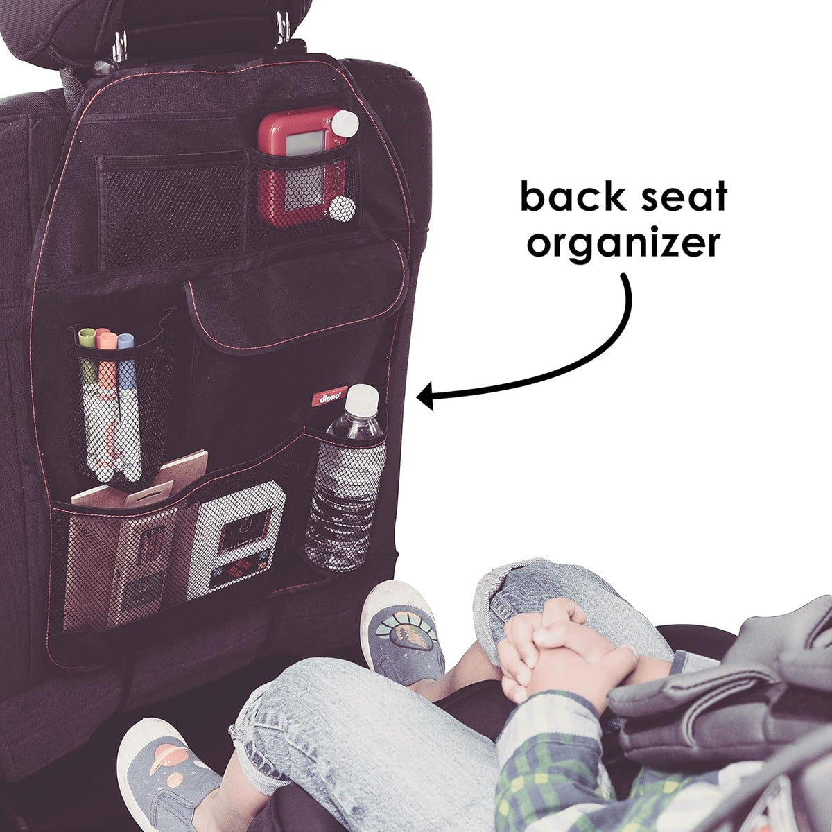 Diono Stow 'n Go Car Back Seat Organizer for Kids, Kick Mat Back Seat Protector, with 7 Storage Pockets, 2 Drinks Holders, Water Resistant, Durable Material, Black , 18x10x9 Inch (Pack of 1)