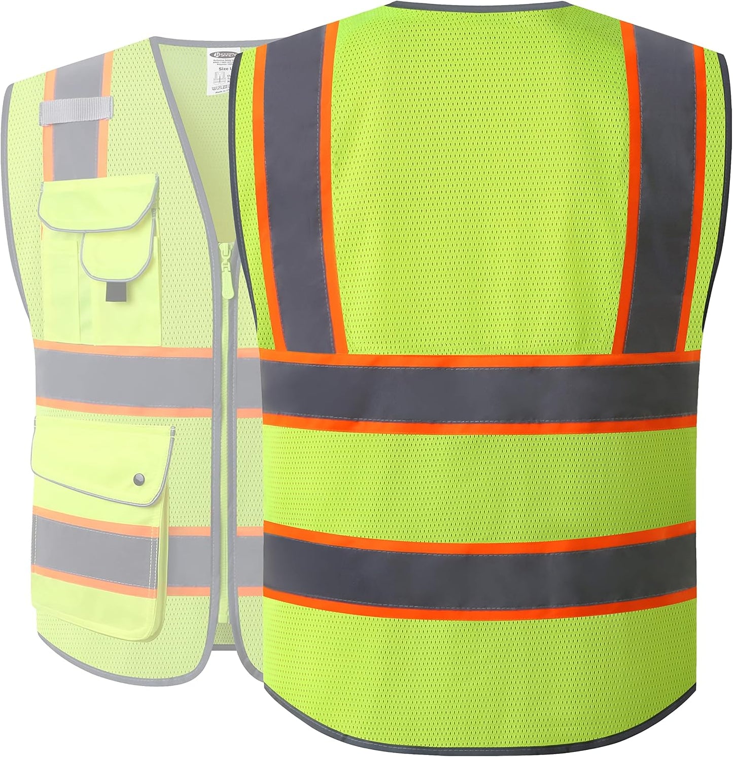 JKSafety 9 Pockets Class 2 High Visibility Zipper Front Safety Vest With Reflective Strips,Meets ANSI/ISEA Standard (Large, 150-Yellow) - Colors A