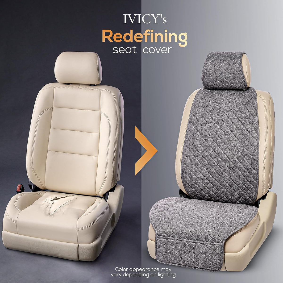 IVICY Faux Linen Front Car Seat Cover – Non-Slip Bucket Seat Protector for Most Cars, SUVs, Vans & Trucks – 1 Seat Cover, Machine Washable, Side-Airbag Friendly, Light Beige