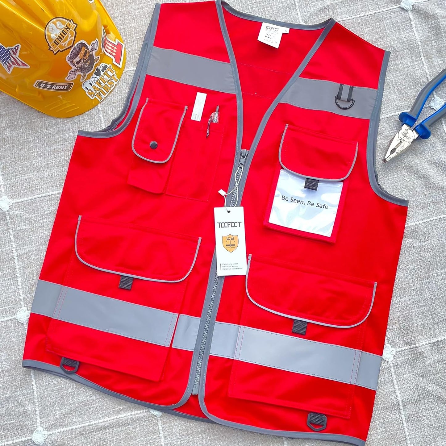 TCCFCCT Safety Vest for Men Women 9 Pockets High Visibility Vest for Safety, Reflective Work Vest with Reflective Strips, Meets ANSI/ISEA Standards, (Yellow, Large)