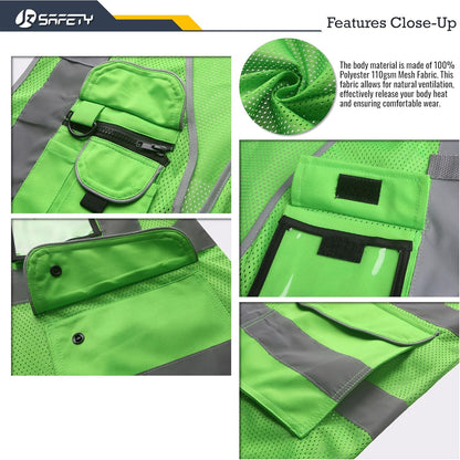 JKSafety 9 Pockets Class 2 High Visibility Zipper Front Safety Vest With Reflective Strips,Meets ANSI/ISEA Standard (Large, 150-Yellow) - Colors B