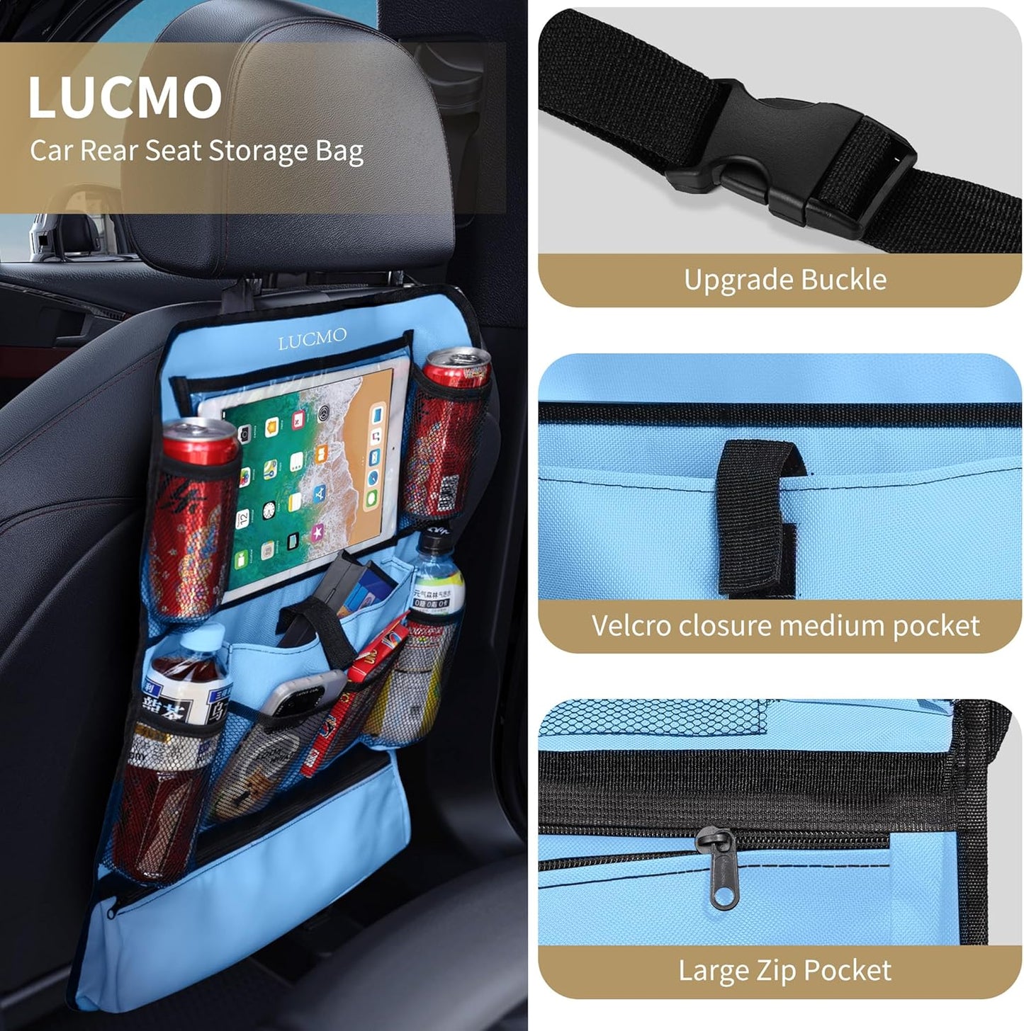 LUCMO Car Backseat Organizer with Tablet Holder,6 Storage Pockets Car Storage Organizer with Foldable Food Tray,Protectors Kick Mats Travel Accessories-Black