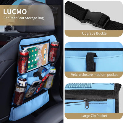 LUCMO Car Backseat Organizer with Tablet Holder,6 Storage Pockets Car Storage Organizer with Foldable Food Tray,Protectors Kick Mats Travel Accessories-Black