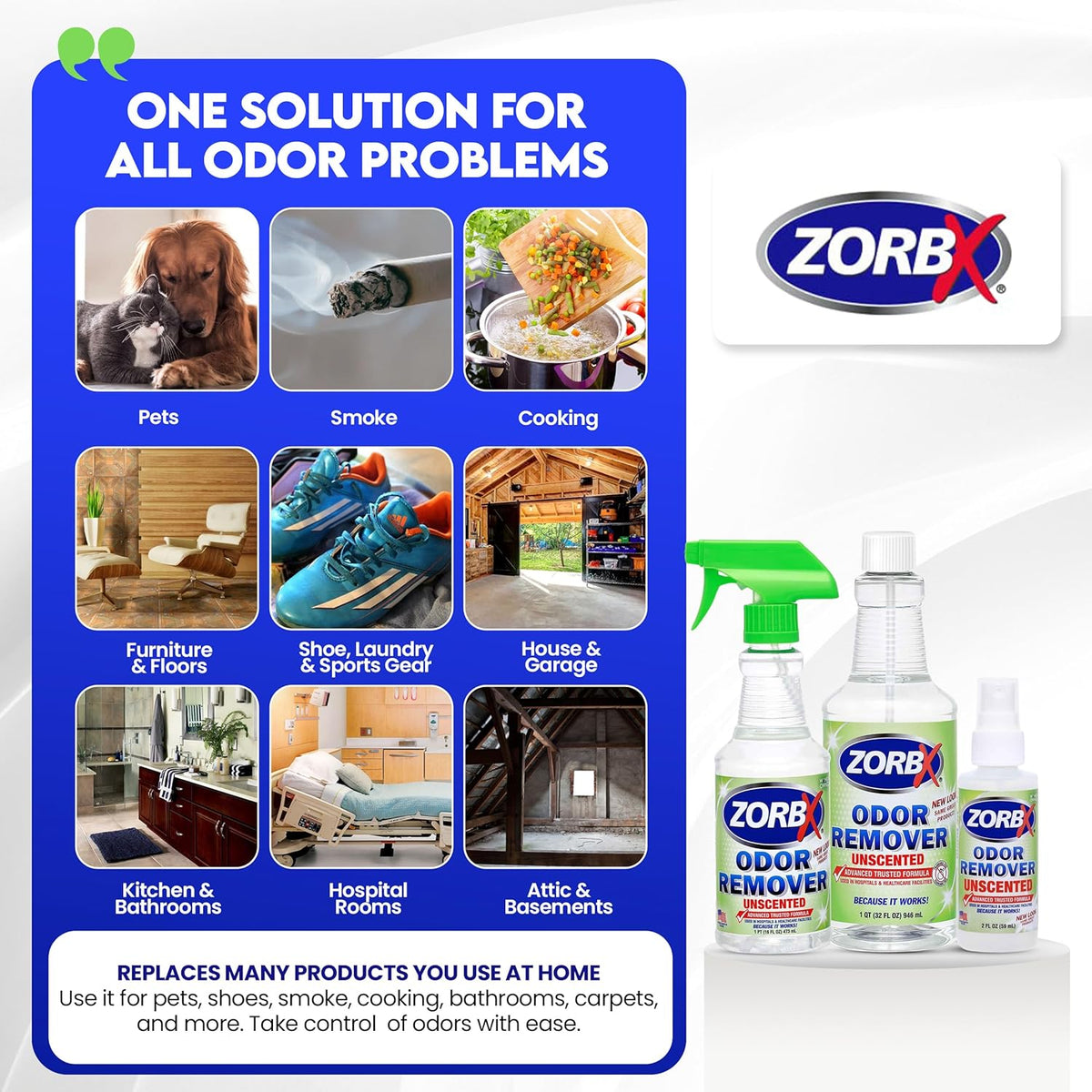 ZORBX Unscented Odor Eliminator for Strong Odor 2 Fl Oz, Pack of 1 - Used in Hospitals & Healthcare Facilities - Advanced Formula, Fast-Acting Odor Remover Spray for Dog, Cat, House & Carpet