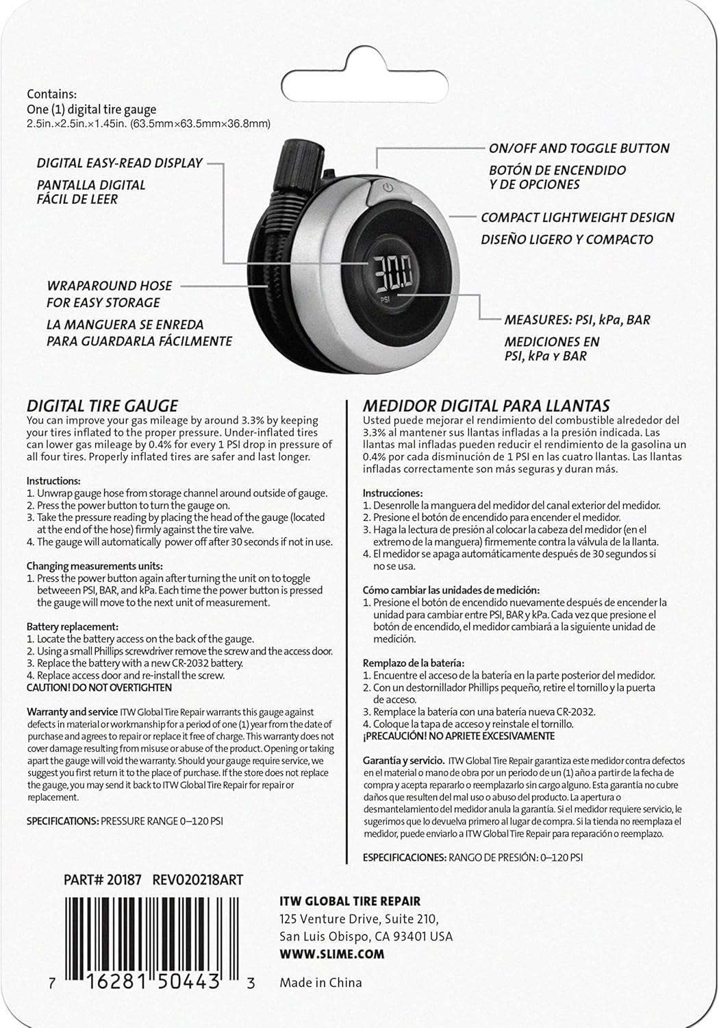 Slime 20049 Tire Pressure Gauge, Large Face Dial Analogue Gauge, 5-60 PSI
