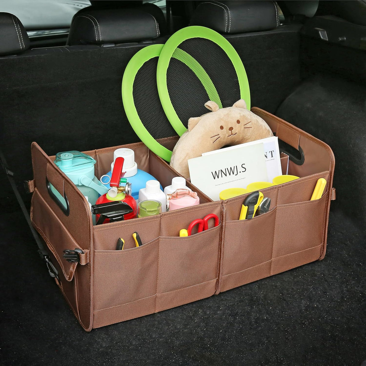 AOKJOY Car Trunk Organizer Car Storage Organizer Collapsible Multi Compartment Car Organizer Adjustable Straps for SUV(Beige)