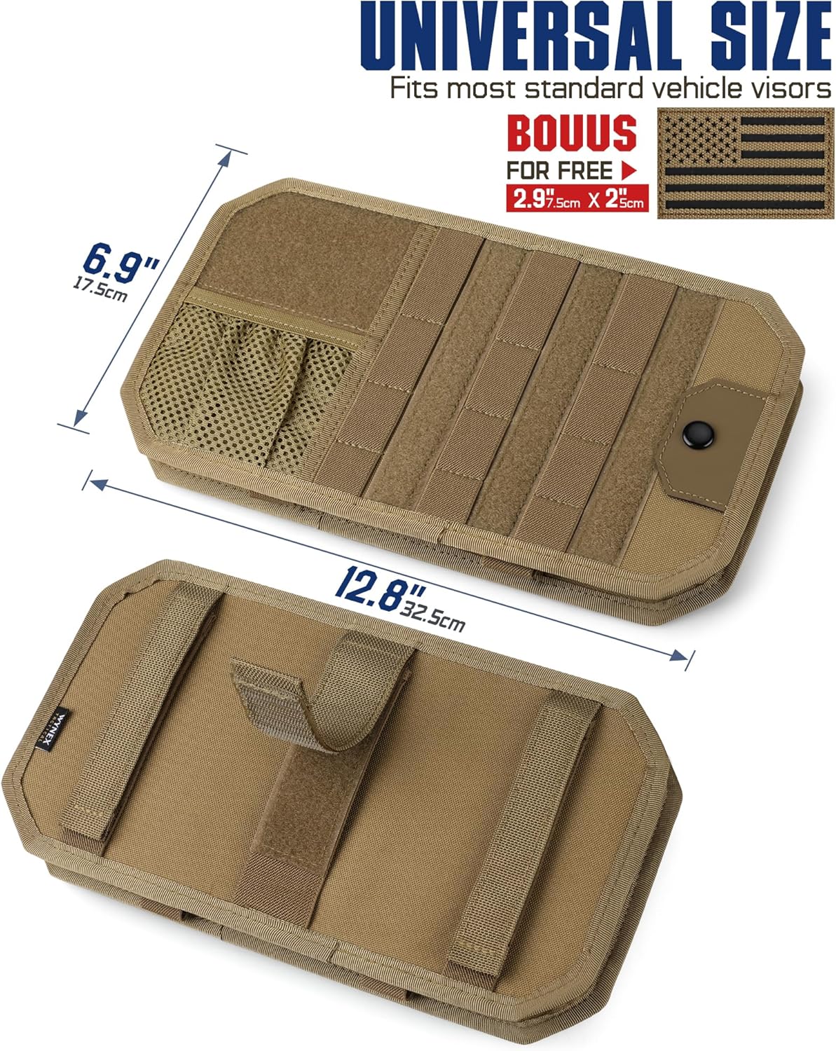 WYNEX Molle Car Sun Visor Organizer, Car Accessories with Zip Storage Pouch & Glasses Holder, Semi-Rigid Molle Panel with Patch for Tactical Gears, Fits Most Cars, Trucks, Pickups, Patrols
