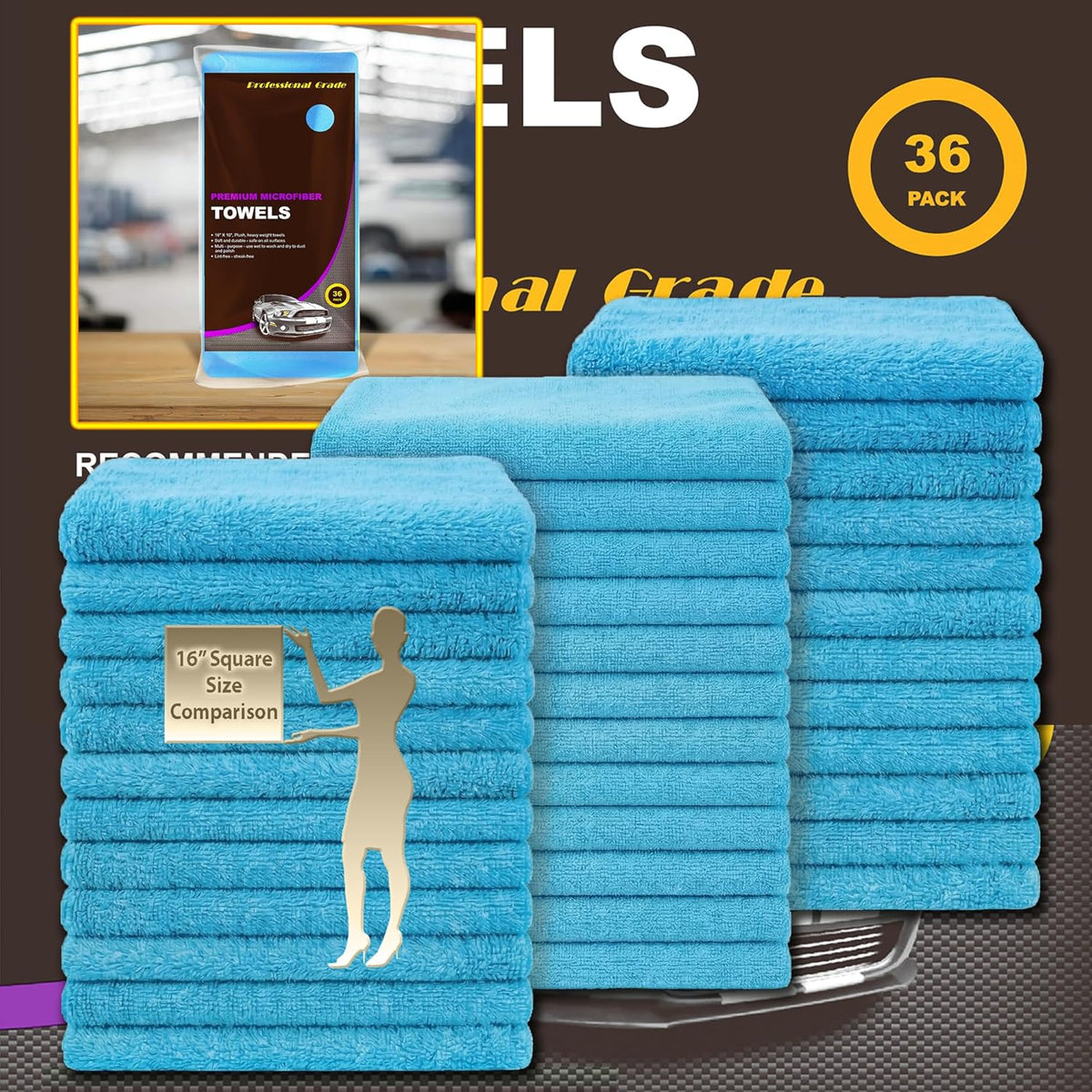 Orange Large Microfiber Cleaning Towels, 36-Pack Dual-Sided Ultra Soft Plush Washcloth, Professional Grade Premium Microfiber Detailing Cloths, Car, Household and Commercial (Orange, 16" x 16")