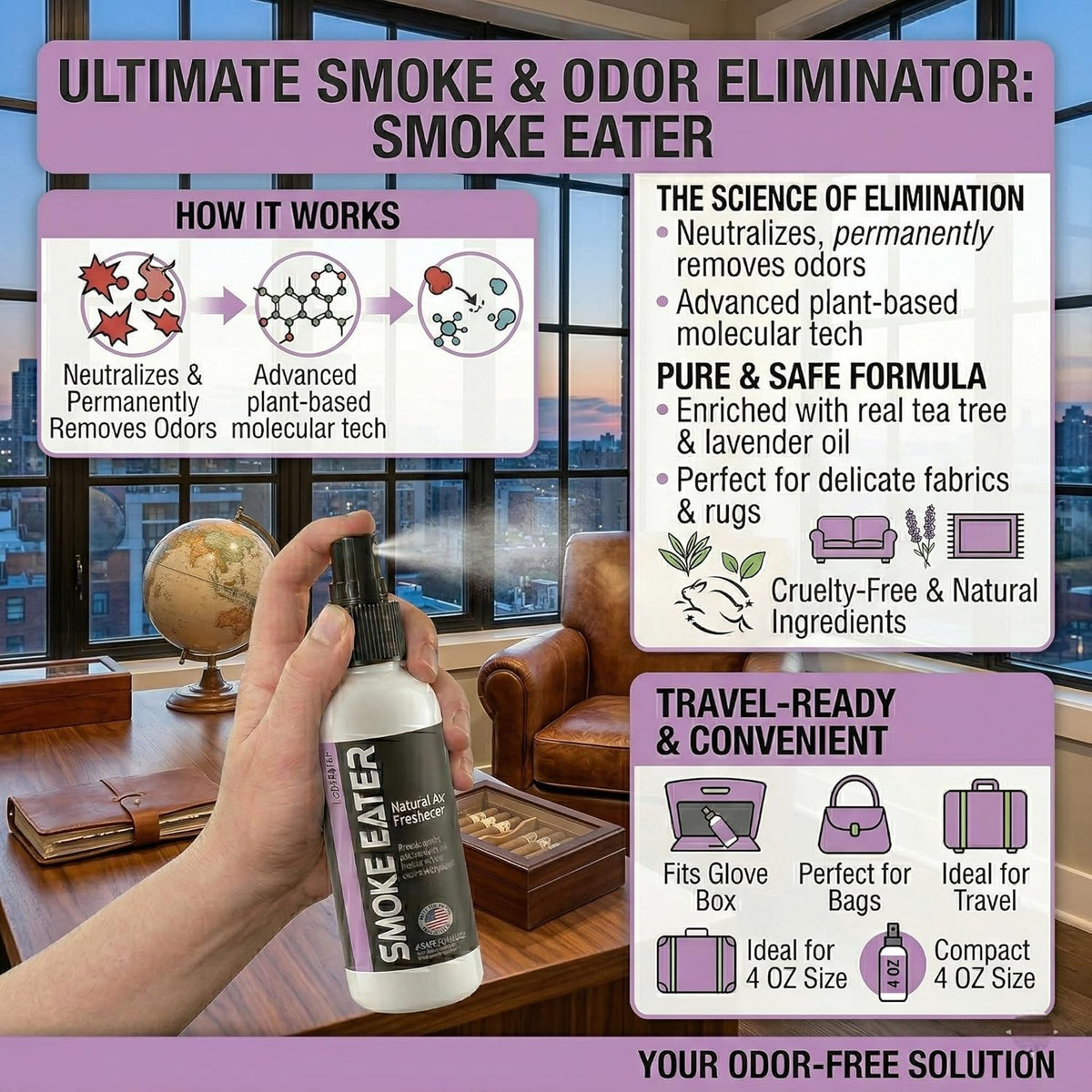 Smoke Eater Cigarette, Cigar, Cannabis & Tobacco Odor Eliminator Spray & Air Freshener for Car, Home, Clothes — Lavender, 4 oz Travel Size — Tea Tree Oil Formula, Non-Aerosol Pump Spray