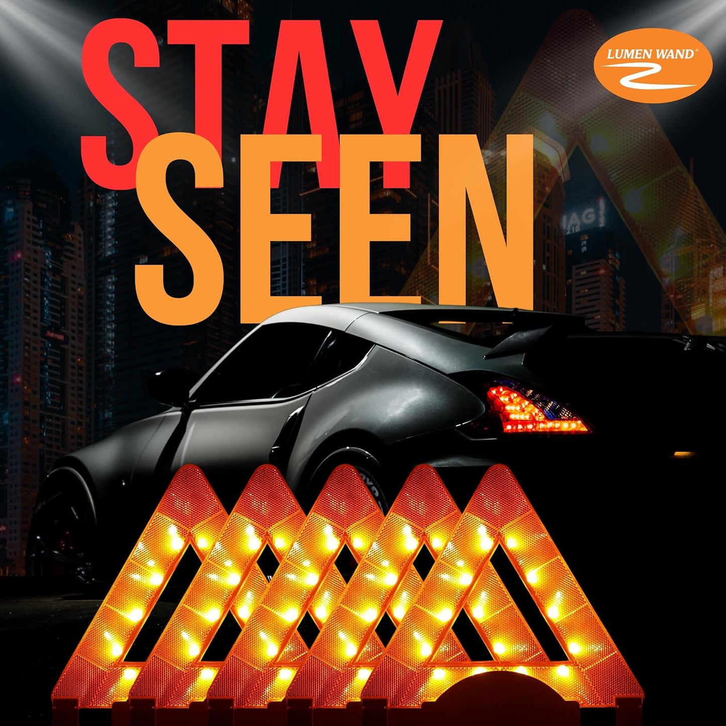 Lumen Wand Reflective Warning Triangle with LED Lights for Road Safety Metal Base | Internal LED with External Reflectors Emergency Triangle for Car Breakdowns