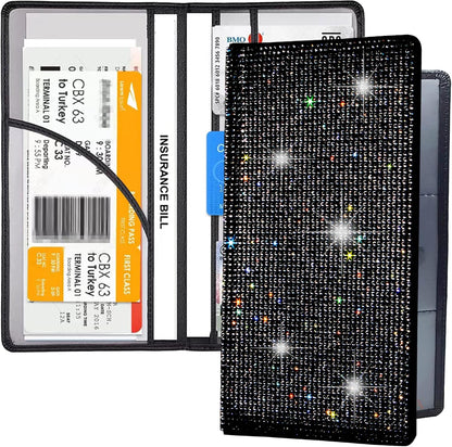 Bling Rhinestone Artificial Diamond Car Registration and Insurance Document Holder, Glitter Car Essentials Glove Box Organizer Compartment Bling Silver, Medium