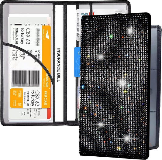 Bling Rhinestone Artificial Diamond Car Registration and Insurance Document Holder, Glitter Car Essentials Glove Box Organizer Compartment Bling Silver, Medium