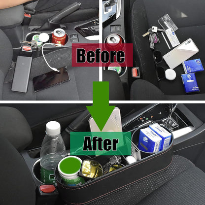 IOKONE Car Cup Holder, Auto Cup Drink Holders，Multifunctional Auto Front Seat Organizer with PU Leather Cover, Gap Filler Storage Box Coin Bucket Console Side Pocket Cell Mobile Phone Holder (Black)