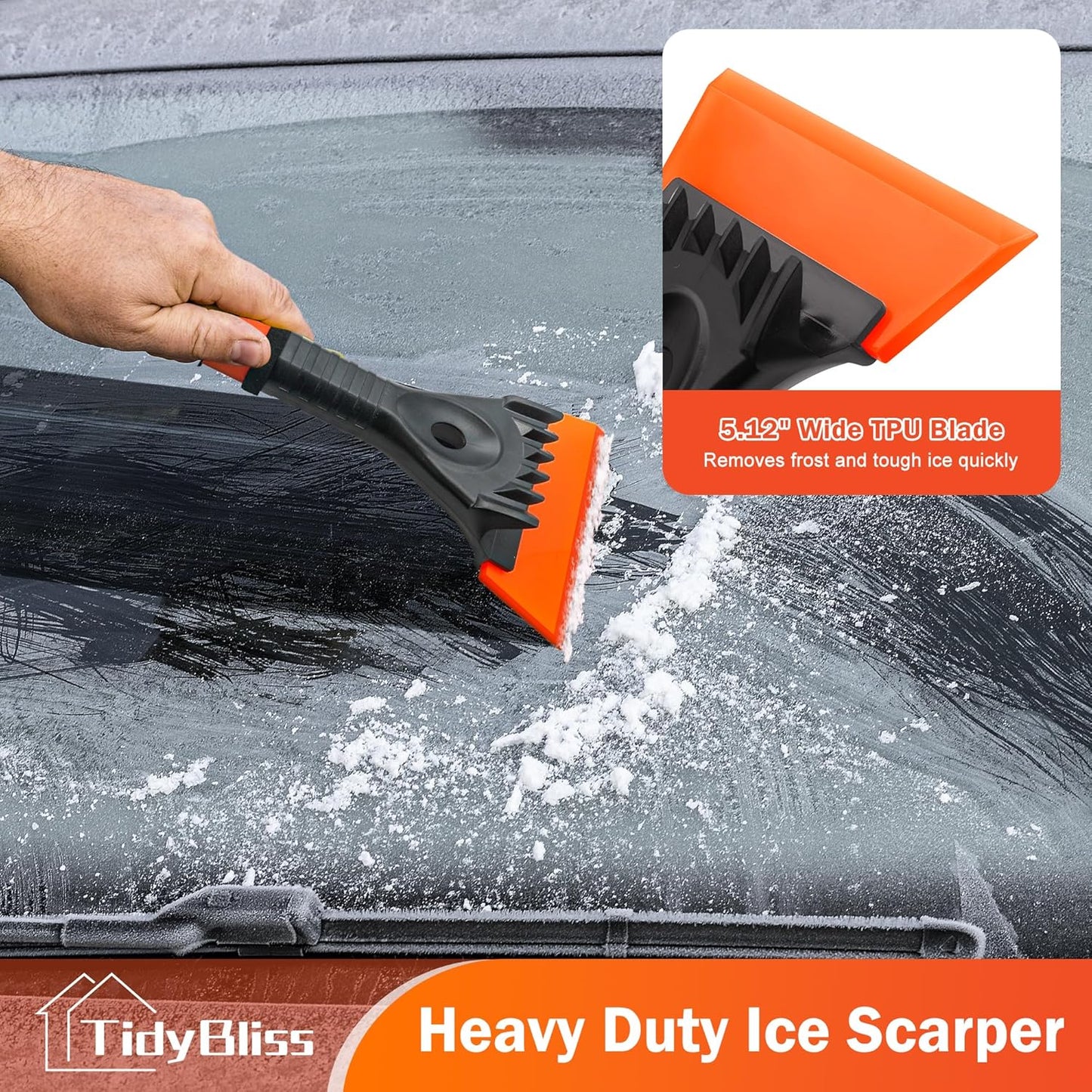 TidyBliss Ice Scraper and Snow Brush for Car Windshield, 24.8 inches Aluminum Frost Remover with Ergonomic Foam Grip for SUV Truck Glass Window (Orange)