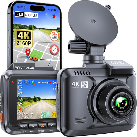 ROVE R2-4K Dash Cam, 4K UHD 2160P Car Camera with 8MP CMOS Sensor, Built-in WiFi 6 and GPS, Dash Camera For Cars with 2.4" Screen, Super Night Vision, 150" Wide Angle, Parking Mode, Supports 512GB Max