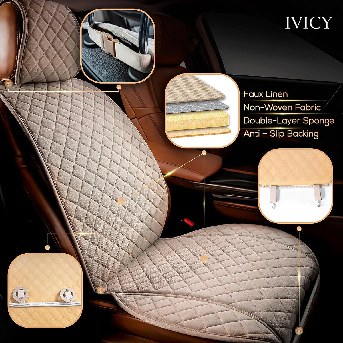 IVICY Faux Linen Front Car Seat Cover – Non-Slip Bucket Seat Protector for Most Cars, SUVs, Vans & Trucks – 1 Seat Cover, Machine Washable, Side-Airbag Friendly, Light Beige