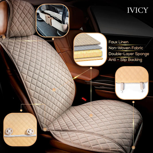 IVICY Faux Linen Front Car Seat Cover – Non-Slip Bucket Seat Protector for Most Cars, SUVs, Vans & Trucks – 1 Seat Cover, Machine Washable, Side-Airbag Friendly, Light Beige
