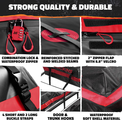 Mockins 25 CuFt Waterproof Rooftop Cargo Carrier Bag | 60"x43"x17" All-Weather 500D Soft-Shell Vinyl Car Top Carrier Without Roof Rack | Vehicle Soft-Shell Carriers with Roof Mat, Lock, Hooks & Straps