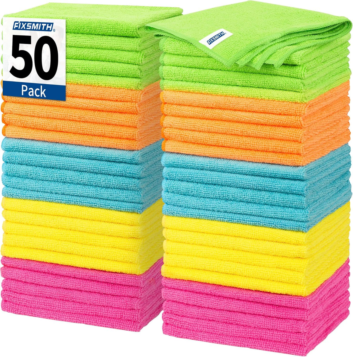 FIXSMITH Microfiber Cleaning Cloth - Pack of 50, Microfiber Towels for Cars 16 x 12 in, Highly Absorbent Cleaning Rags, Lint-Free, Streak-Free Cleaning Cloths for Car Kitchen Home Office