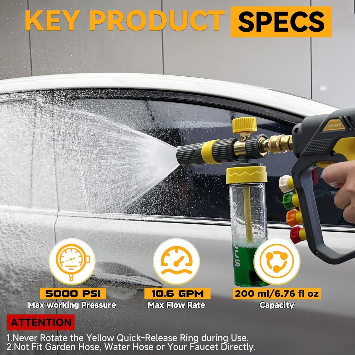 PWACCS Pressure Washer Foam Gun, Short Pressure Washer Gun, Foam Cannon for Car Wash Kit with 1/4" Quick Connector, Pressure Wash Handle for Power Washer with M22 Male Inlet, 4000 PSI, 1.5 Liter