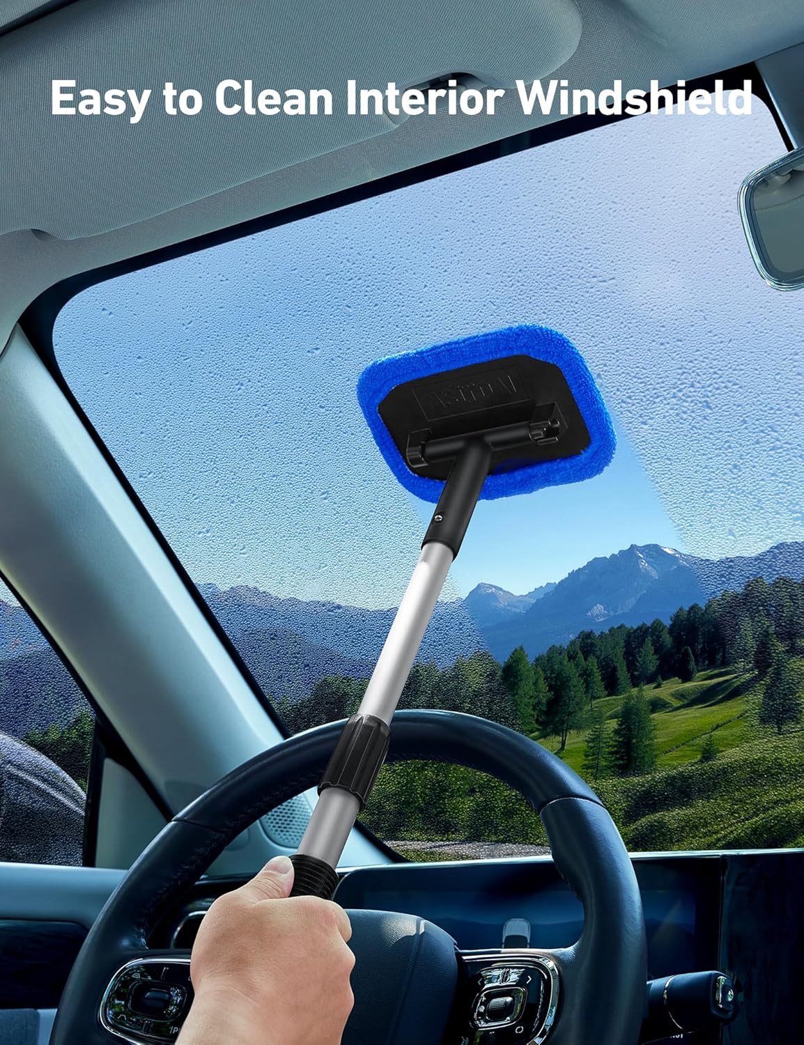 AstroAI Windshield Cleaner Tool, Microfiber Car Window Cleaner with 4 Reusable and Washable Microfiber Pads and Extendable Handle Auto Inside Glass Wiper Kit, Blue