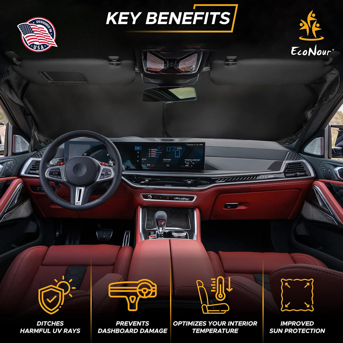 Econour Windshields Sun Shade for Car | Medium Foldable Car Sunshade & Window Tint | UV & Heat Protection Front Window Sun Shield, Keeps Interior Cool, Fits Sedans SUVs & Trucks (57” x 33”)