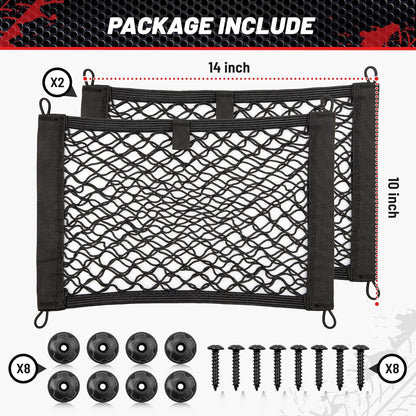 RED WOLF 2 Layer Small Mesh Cargo Net Elastic Storage Netting 2 Pcs Stretchable Car Organizer Net 14×10 Inch for Trunk RV Boats Home Auto Cargo Net Pocket with Screws and Hooks
