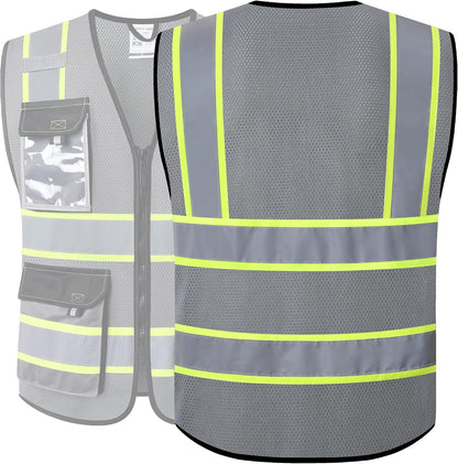 JKSafety Hi Vis Reflective Safety Vests for Men Women High Visibility Vest with Pockets Mesh Fabric Construction Safety Apparel Neon Vest for Work (220-Black L)