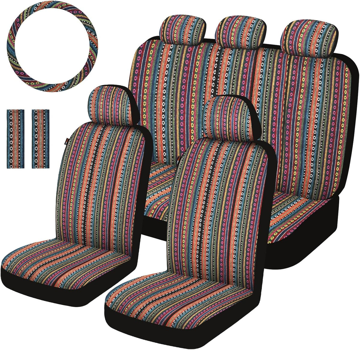Baja Saddle Blanket Car Seat Covers Front Set, Washable Breathable Striped Woven Cloth Seat Covers for Cars, SUV, Truck, Airbag Compatible(Orange)