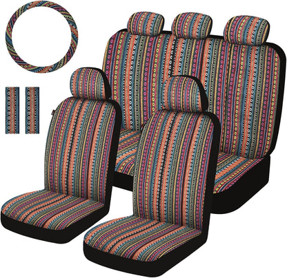 Baja Saddle Blanket Car Seat Covers Front Set, Washable Breathable Striped Woven Cloth Seat Covers for Cars, SUV, Truck, Airbag Compatible(Orange)