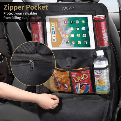 LUCMO Car Backseat Organizer with Tablet Holder,6 Storage Pockets Car Storage Organizer with Foldable Food Tray,Protectors Kick Mats Travel Accessories-Black