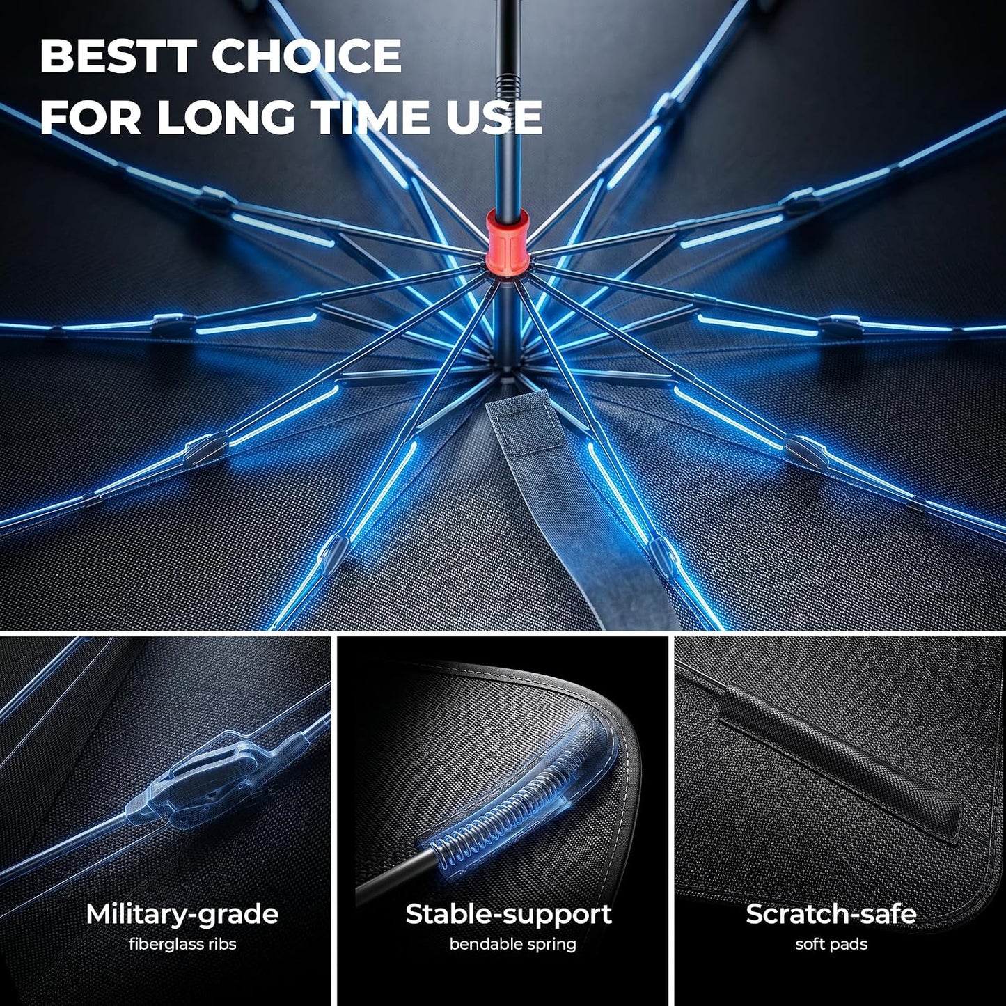 DMJN Umbrella Windshield Sun Shade - Medium, Car Sunshade for Front Windshield [Nano Ice-Crystal Coatings] UPF50+ Heat & UV Block, Protect Interior & Keep Cooler Universal for Car, SUV, Truck