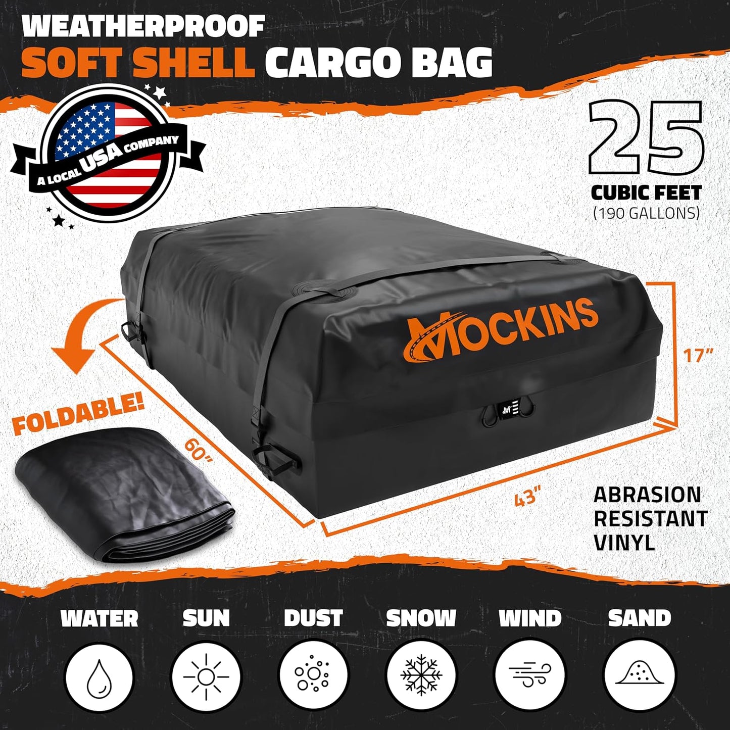 Mockins 25 CuFt Waterproof Rooftop Cargo Bag for Top of Car 60"x43"x17" | All-Weather 840D Vinyl Car Top Carrier without Roof Rack | No Rack Rooftop Cargo Carrier Bag with Mat, Lock, Hooks & Straps