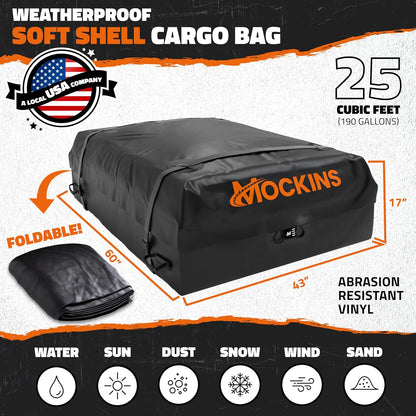 Mockins 25 CuFt Waterproof Rooftop Cargo Bag for Top of Car 60"x43"x17" | All-Weather 840D Vinyl Car Top Carrier without Roof Rack | No Rack Rooftop Cargo Carrier Bag with Mat, Lock, Hooks & Straps