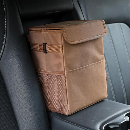 AOKJOY Car Garbage can with lid Leak Proof Vehicle Trash Can 3 Storage Pockets Hanging Waterproof car Trash Bag for SUV Beige