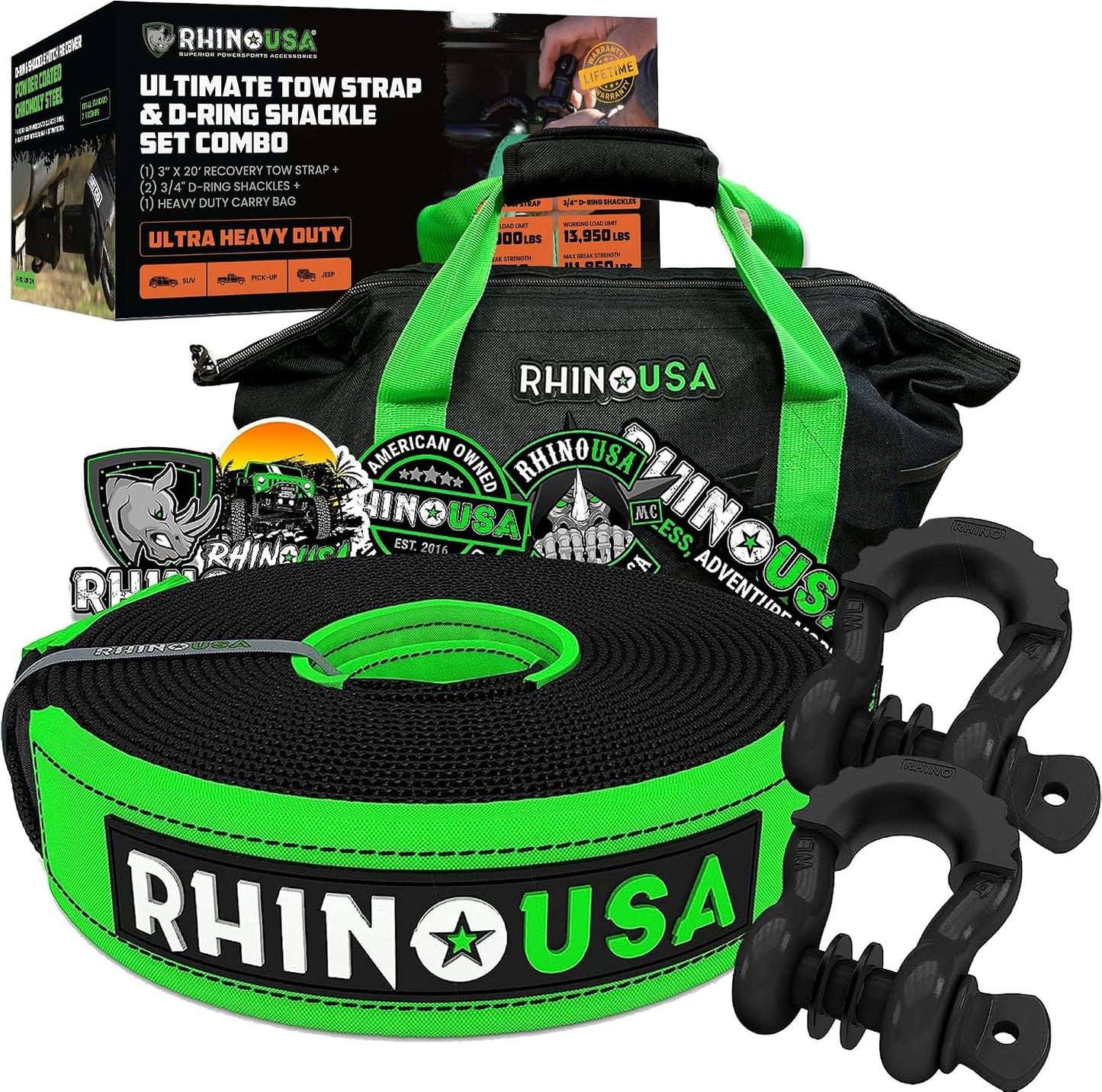Rhino USA Heavy-Duty Recovery Gear Combos Off-Road Truck Vehicle Recovery, Best Offroad Towing Accessories - Backed for Life (20' Strap + Hitch)