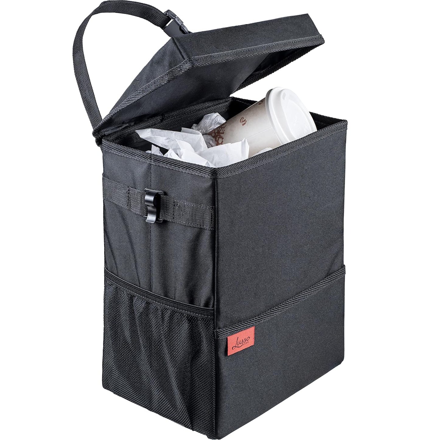 Lusso Gear Spill-Proof Car Trash Can - Easy to Clean Hanging Garbage Bin - Leak-Proof Lid, Removable Liner, Waterproof - Keeps Truck, SUV, Car, Minivan Clean & Odor Free - 2.5 Gallon Tan Car Trash Can