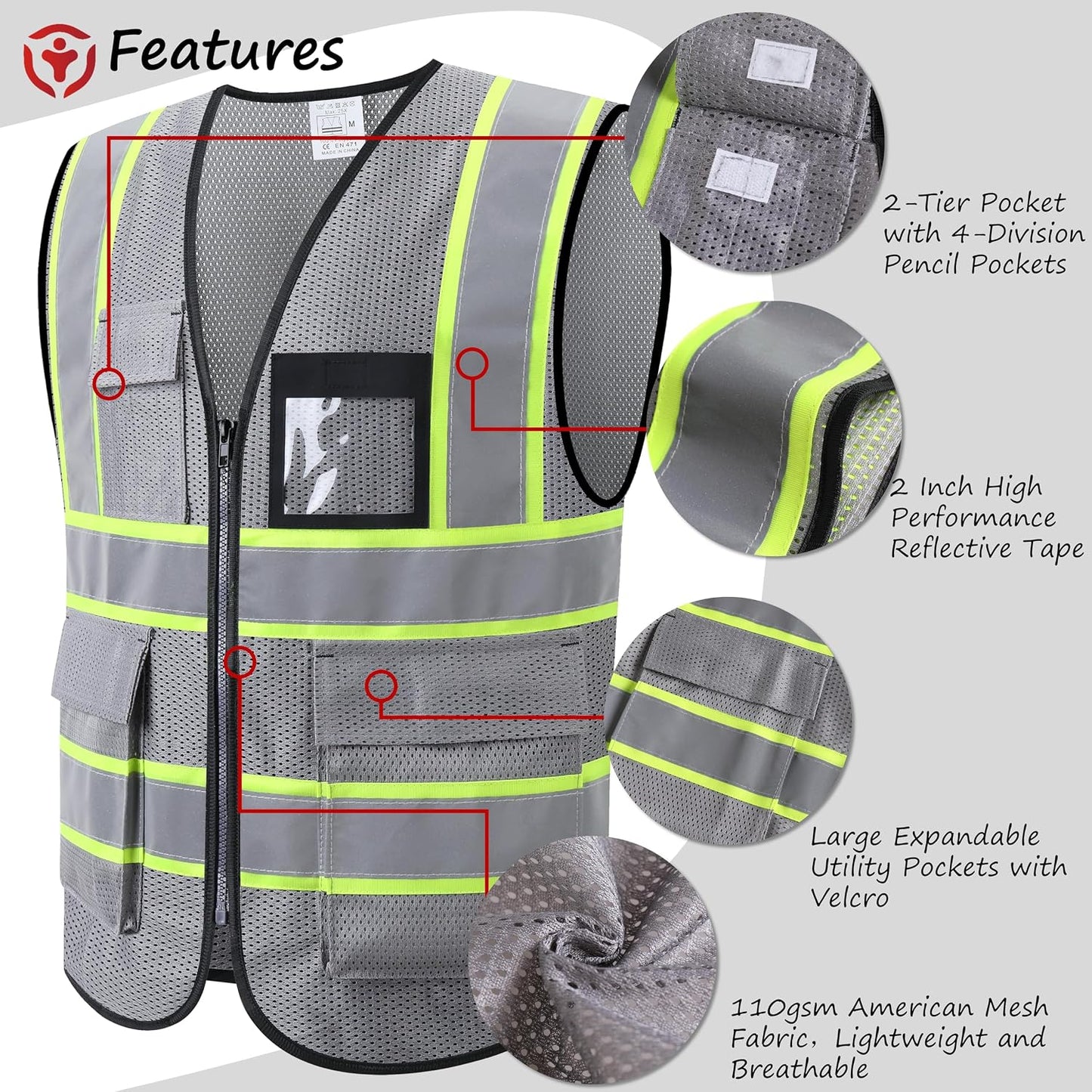Reflective High Visibility Safety Vest for Men Women with Pockets Zipper Front Meets ANSI/ISEA Standards