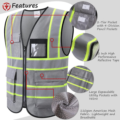 Reflective High Visibility Safety Vest for Men Women with Pockets Zipper Front Meets ANSI/ISEA Standards