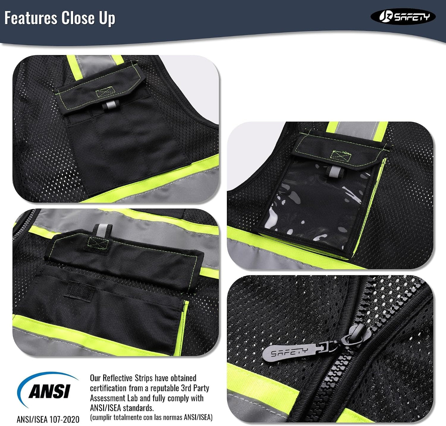JKSafety Hi Vis Reflective Safety Vests for Men Women High Visibility Vest with Pockets Mesh Fabric Construction Safety Apparel Neon Vest for Work (220-Black L)