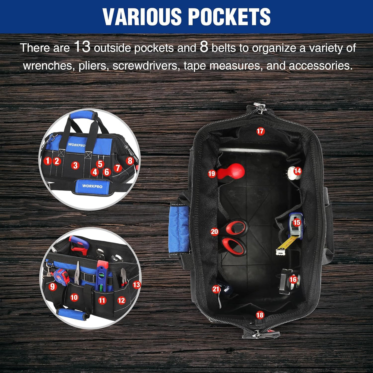 WORKPRO 16-inch Wide Mouth Tool Bag with Water Proof Molded Base | Multi-Pocket, Heavy Duty Cloth, Adjustable Shoulder Strap, Double-pull Zipper, For Workshops, Outdoor Projects