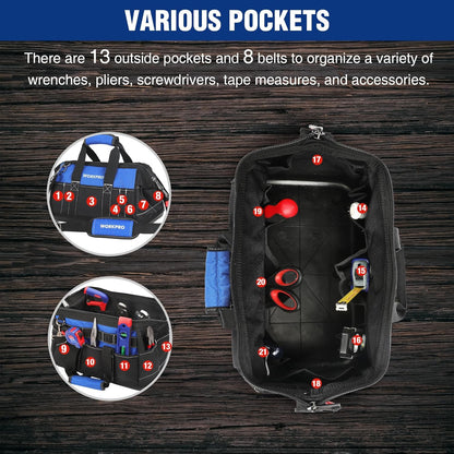 WORKPRO 16-inch Wide Mouth Tool Bag with Water Proof Molded Base | Multi-Pocket, Heavy Duty Cloth, Adjustable Shoulder Strap, Double-pull Zipper, For Workshops, Outdoor Projects