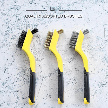 Lavaxon Wire Brush Set 3Pcs - Nylon/Brass/Stainless Steel Bristles with Curved Handle Grip for Rust, Dirt & Paint Scrubbing with Deep Cleaning – 7 Inches (Red)