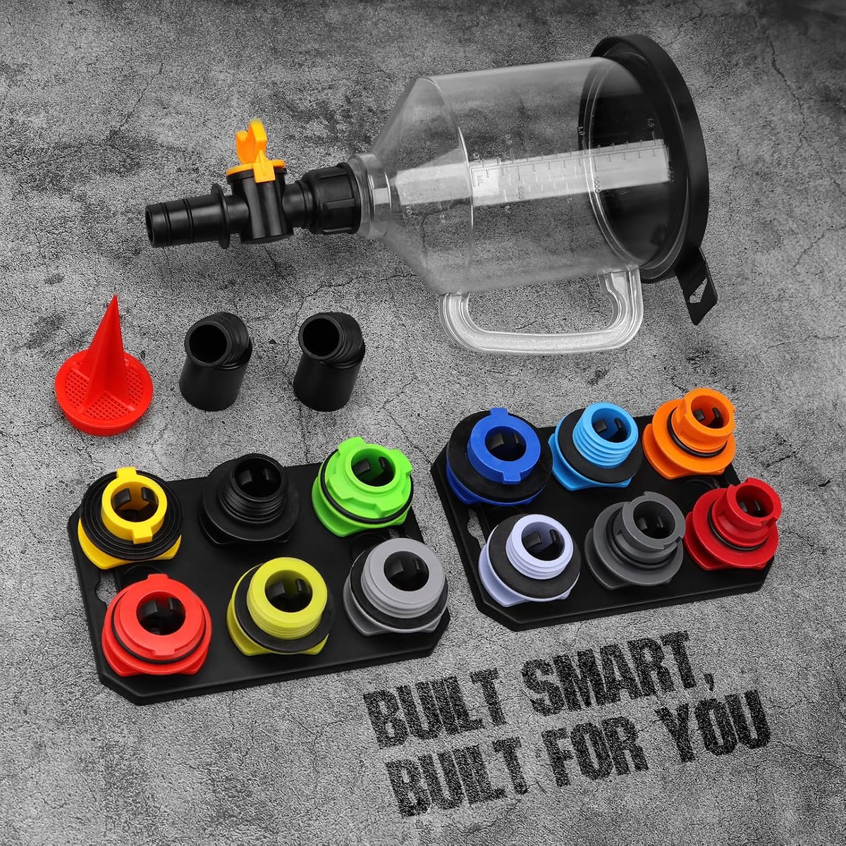 18-Piece No Spill Engine Oil Funnel Kit, 1.59QT/ 1.5L Automotive Coolant Funnel Set, 12 Adapters, Elbow Fitting, Arrow Screen & Magnetic Tray, Compatible with GM, Ford, BMW, Audi, Land Rover Etc