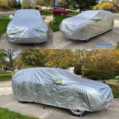 Tecoom Heavy Duty Multiple Layers Car Cover All Weather Waterproof Windproof Reflective Snow Sun Rain Protective Outdoor with Buckles and Belt Fit 191-200 Inches Sedan
