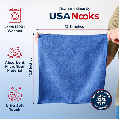 USANOOKS Premium 300GSM Microfiber Cleaning Cloth - 12.5"x12.5" High Performance - 1200 Washes, Ultra Absorbent Microfiber Towels for Cars Undercarriage, Rims & Engine Bay Cleaning - Microfiber Cloth