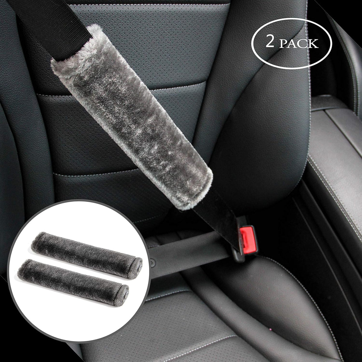 Amooca Soft Faux Fur Universal Fit Seatbelt Cover Car Truck SUV Airplane Seat Belt Shoulder Pad for Carmera Backpack Straps Neck Cushion Protector 2 Pack 10.5in Dark Gray